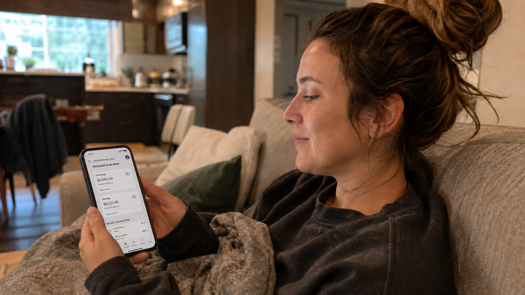 woman checking separate bank accounts on phone for emergency fund vs savings account