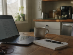 Best Side Hustles From Home: 12 That Actually Pay in 2026 best side hustles from home setup showing laptop and notebook on a kitchen table in morning light