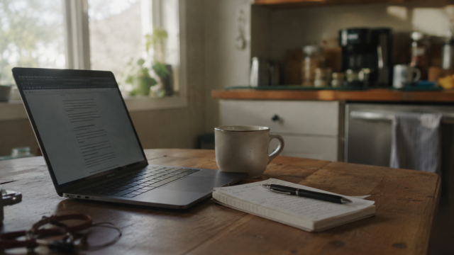 best side hustles from home setup showing laptop and notebook on a kitchen table in morning light