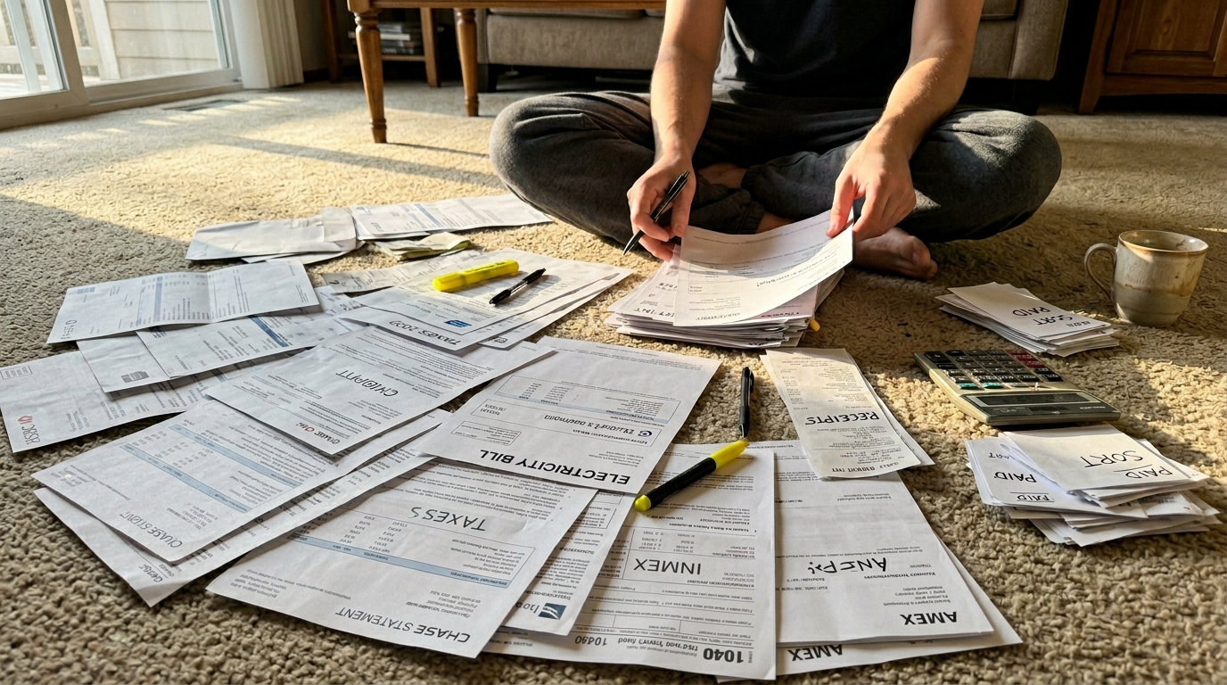 person sorting bills on floor frustrated with 50 30 20 rule