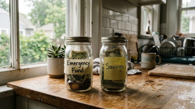 Emergency Fund vs Savings Account: What’s the Difference and Why It Matters emergency fund vs savings account labeled jars or phone banking app