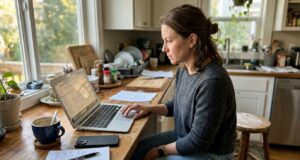 Ally vs Marcus vs SoFi: Which High-Yield Savings Account Is Actually Worth It in 2026 woman comparing savings accounts on laptop at kitchen counter