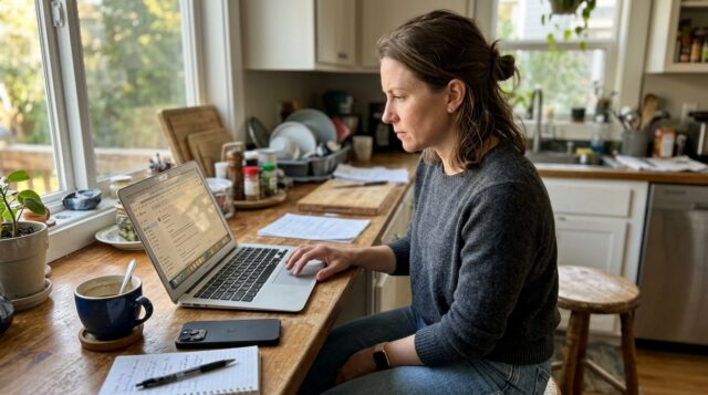 woman comparing savings accounts on laptop at kitchen counter