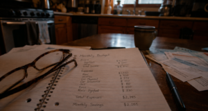 Frugal Living Tips: 20 Habits That Actually Cut Your Cost of Living frugal living tips shown through handwritten budget notebook and bills on a kitchen table