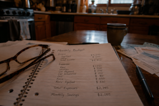 Frugal Living Tips: 20 Habits That Actually Cut Your Cost of Living frugal living tips shown through handwritten budget notebook and bills on a kitchen table
