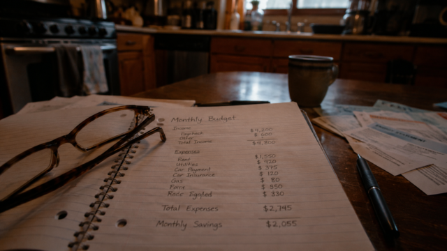 frugal living tips shown through handwritten budget notebook and bills on a kitchen table