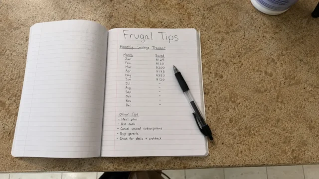 frugal living tips written in notebook with monthly savings tracker on kitchen table