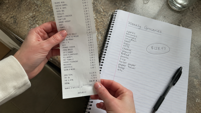How to Save Money on Groceries: 4 Decisions That Cut Your Bill hands holding a grocery receipt next to an open notebook with weekly food budget written at the top