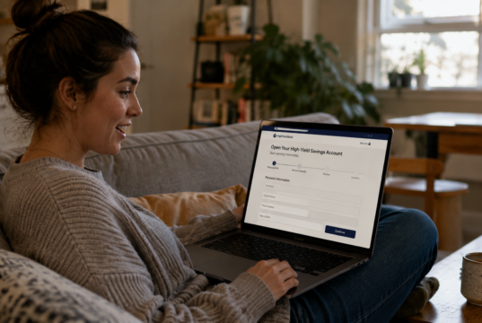 What Is a High Yield Savings Account and Is It Actually Worth It woman opening high yield savings account on laptop at home
