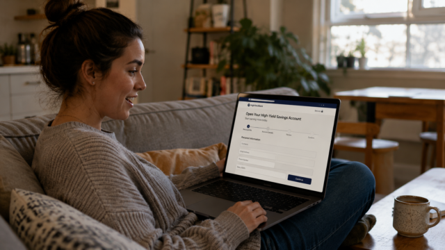 high yield savings account woman opening high yield savings account on laptop at home
