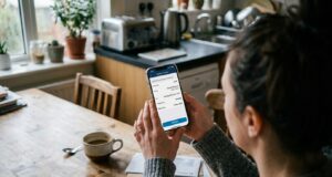 Pay Yourself First: How Much to Save, Where to Put It, and 4 Priority Steps woman setting up automatic savings transfer on phone at kitchen table