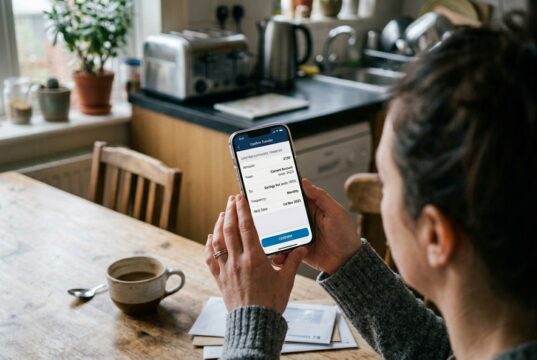 Pay Yourself First: How Much to Save, Where to Put It, and 4 Priority Steps woman setting up automatic savings transfer on phone at kitchen table