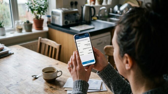 Pay Yourself First: How Much to Save, Where to Put It, and 4 Priority Steps woman setting up automatic savings transfer on phone at kitchen table