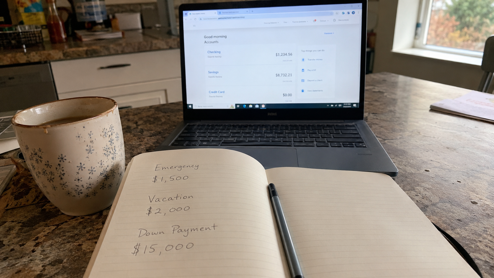 notebook with savings buckets written out next to a laptop showing bank account balances