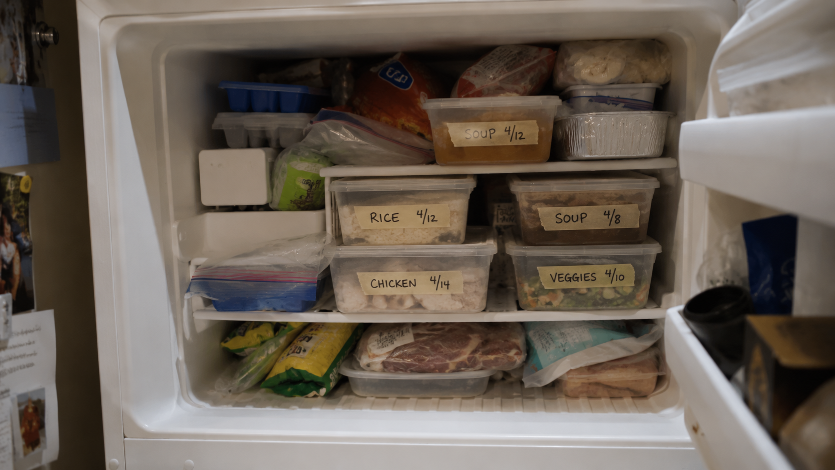 open freezer with labeled containers of batch cooked food organized on shelves