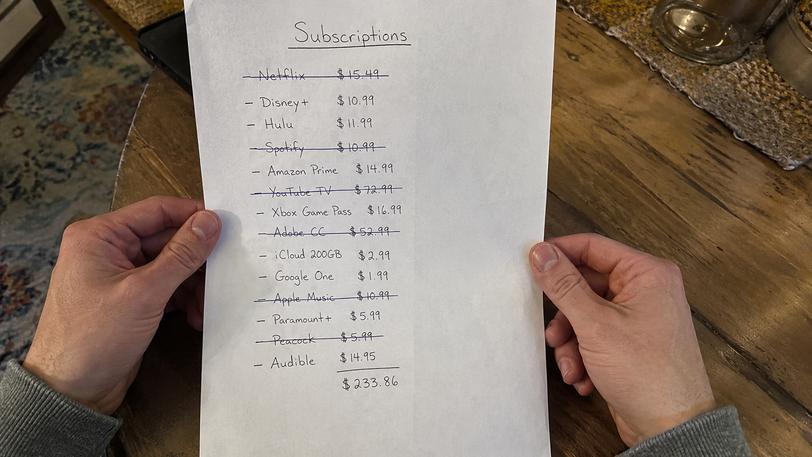 Extreme Frugal Living: overhead shot of hands reviewing a printed list of monthly subscriptions with some crossed out in pen