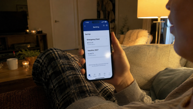person checking savings account rates on phone to decide where to keep savings